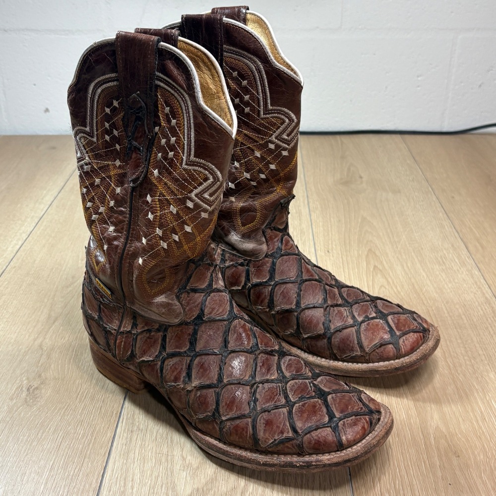 Chavez Boots Mens Brown Pirarucu Fish Skin Western Cowboy Boots Square Toe 7.5
